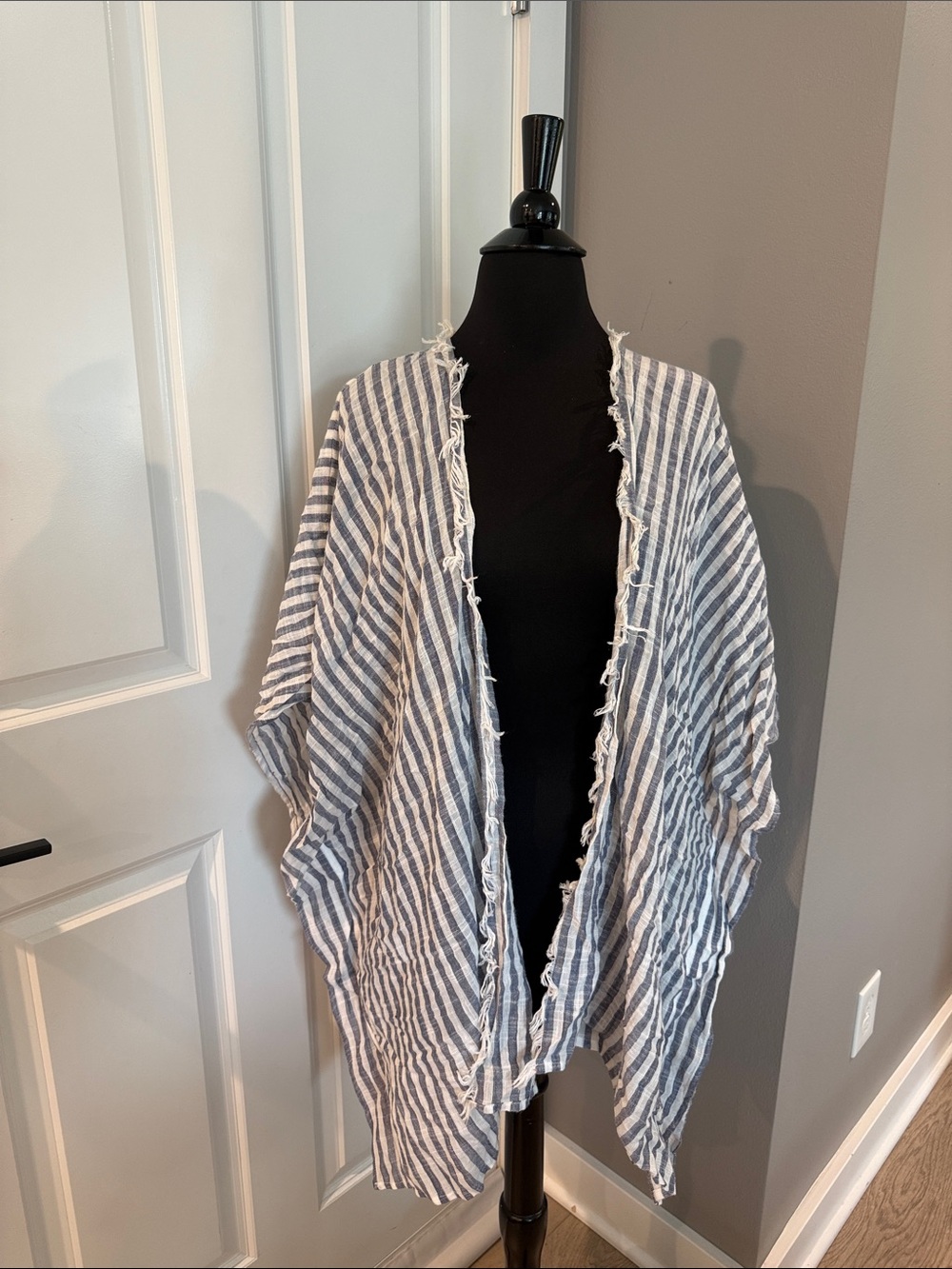 Striped Blue and White Frayed Edge Swimsuit Coverup